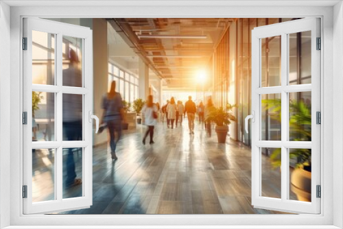 Businesspeople walking at modern office. Group of business employees at coworking center. Motion blur. Concept work process. Wide image