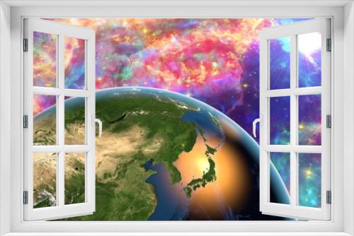 Fototapeta Naklejka Na Ścianę Okno 3D - The Earth from space showing Japan on surrealistic background with galaxies, elements of this image furnished by NASA, other orientations available
