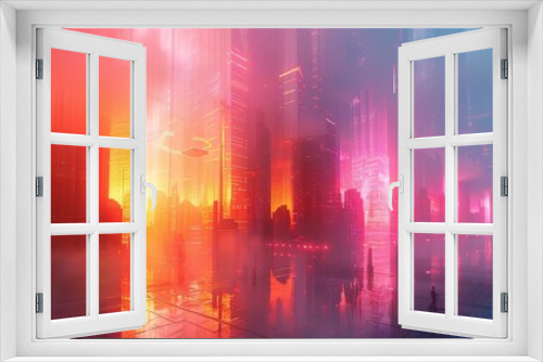 Opalescent abstract painting with radiant reflections and translucent layers. neon lights and holograms on buildings, cyberpunk aesthetic, dark color grading, digital photography, double exposure,