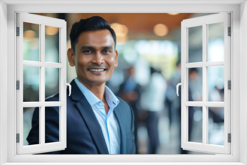 A cheerful, professional man in a suit confidently smiles in a corporate environment, embodying success and positive energy amidst a bustling office setting.