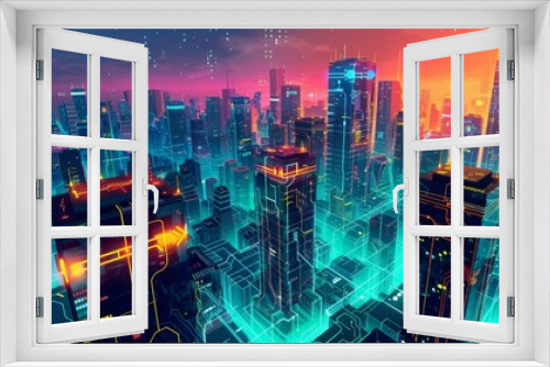 Futuristic Smart Cyber City illustration: Innovative Urban Landscape, futuristic technology and cyber punk concept, Graphic Resources, Wallpapers, Brochure, Websites, banner, Advertising, background