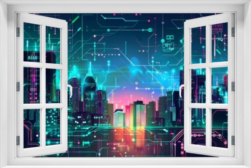 Futuristic Smart Cyber City illustration: Innovative Urban Landscape, futuristic technology and cyber punk concept, Graphic Resources, Wallpapers, Brochure, Websites, banner, Advertising, background