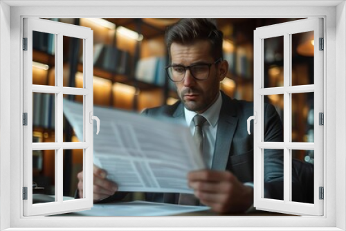 Businessman in Modern Office Reading Documents with Focused Expression, Surrounded by Shelves and Warm Lighting