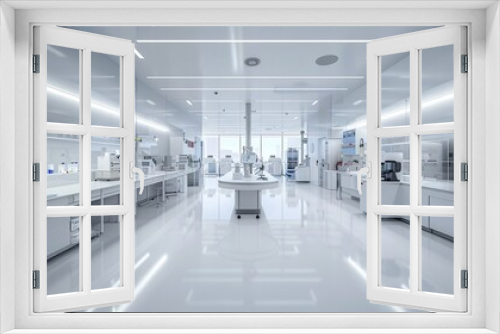 3. Ultra-modern 3D rendering of a futuristic hospital laboratory with white walls, cutting-edge medical machines, and meticulously organized supplies, creating a clean and efficient workspace