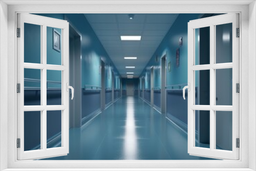 Interior of a hospital corridor with blue walls and doors.