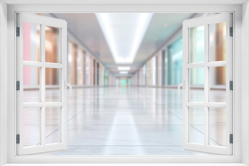 A long hallway with many windows and a white floor