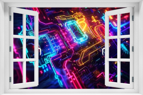 A futuristic neon sign glowing in vibrant colors against a dark background, with intricate cyberpunk designs and digital effects creating a sense of advanced technology.