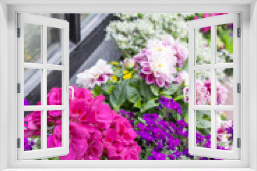 Fototapeta Naklejka Na Ścianę Okno 3D - summer flowers / purple and pink summer flowers in front of a window 