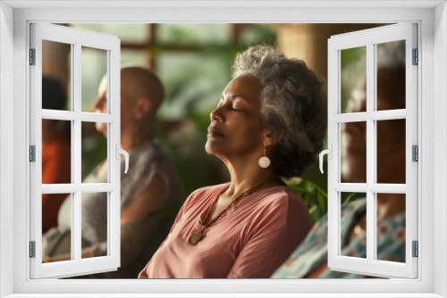 Elderly women practicing yoga in a bright, lush indoor garden setting.