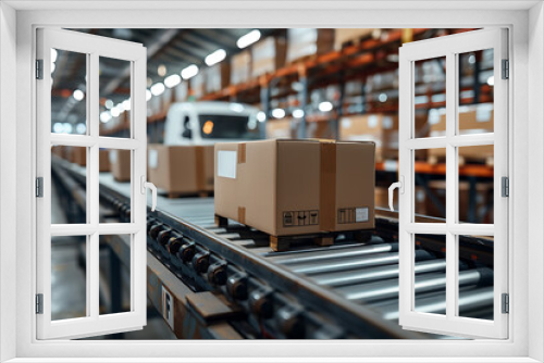 Cardboard boxes on a conveyor belt in a modern distribution warehouse preparing to ship to customers. Cargo freight transportation industry. 