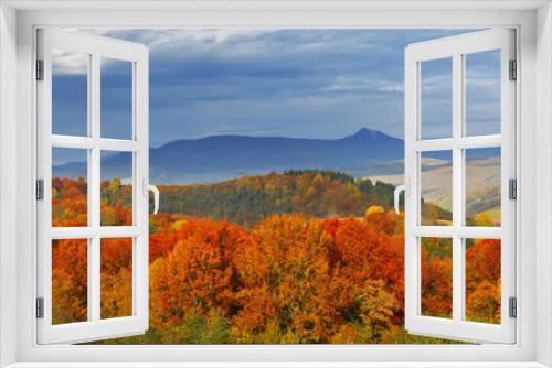 Fototapeta Naklejka Na Ścianę Okno 3D - autumn color forest and mountains in the background