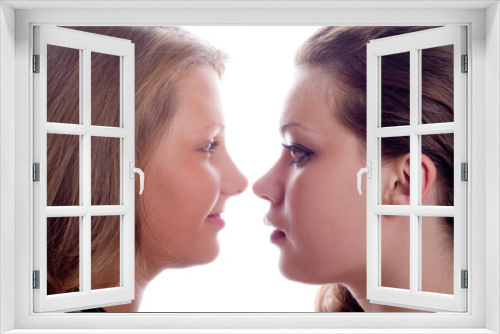 Portrait of the two beauty young women. Isolated.