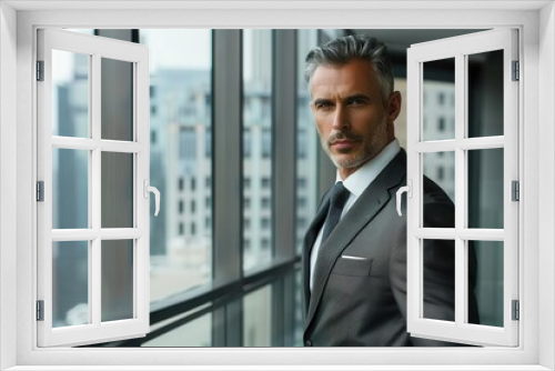 distinguished businessman with saltandpepper hair in tailored suit confident pose in modern office setting with cityscape view