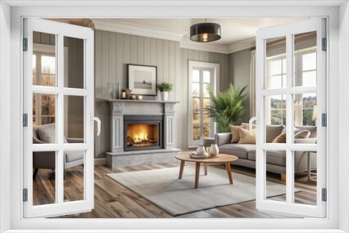 Cozy living room with refurbished fireplace, grey wooden flooring, cream walls, and modern furniture in warm inviting atmosphere.