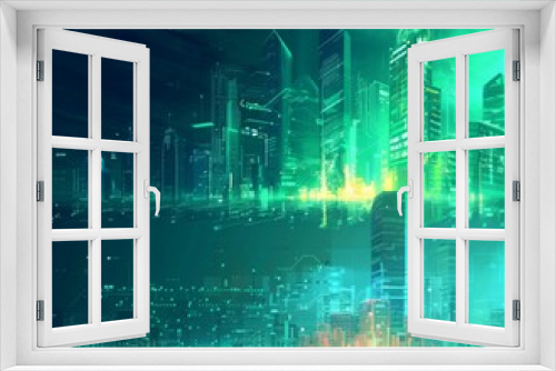 Futuristic Cityscape: Translucent Line Graphics Blend with Vibrant Street Scenery, Showcasing Smart City Concept in Business Hub, Graphic design, Wallpapers, Brochure, Websites, banner, Advertising, 