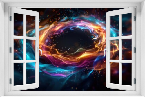 Abstract swirling light and energy ring with glowing particles, blue, orange and purple colors on black background.