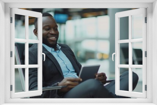 A man in a suit is sitting in a chair with a tablet in his hand