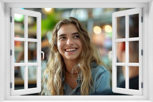 Happy Woman with Long Blonde Hair Smiles While Sitting in a Cafe - Realistic Image