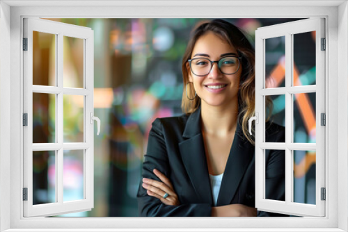 Confident businesswoman standing with crossed arms in front of financial chart