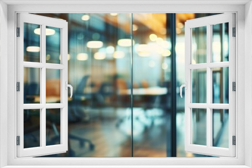 Blurred view of a modern office through glass doors