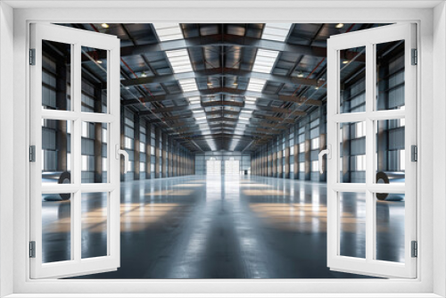 A spacious, empty industrial warehouse with large windows and two metal coils on the polished concrete floor, illuminated by natural light.