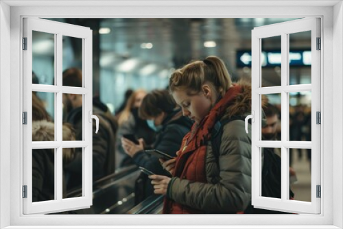 A group of passengers waiting at a train station with modern architecture, showcasing the busy atmosphere as individuals engage in various activities while waiting for transport.