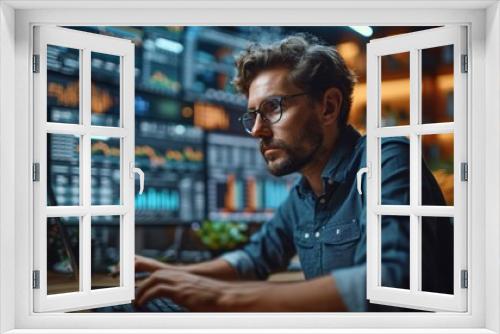 Focused Financial Analyst Analyzing Market Data in Modern Office Space During Evening Hours. Generative AI