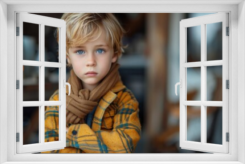 A young boy stands with folded arms, sporting a scarf and an expression of discontent while surrounded by a warm indoor atmosphere