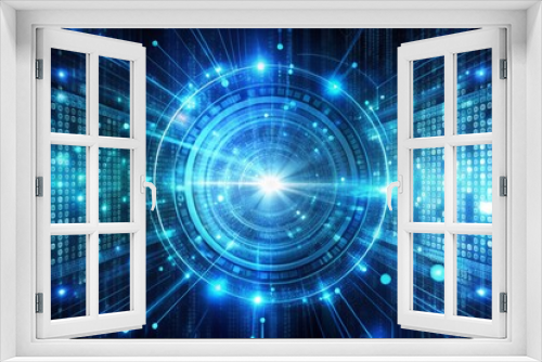 Abstract futuristic digital code matrix background with encrypted binary data streams, swirling patterns, and glowing blue circuits, representing cybersecurity and data encryption.