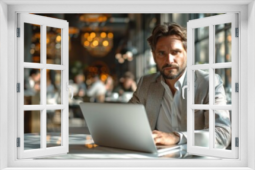 Professional Man Working on Laptop in Modern Café During Busy Afternoon