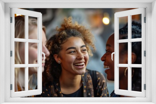 Three young women enjoying a joyful moment together, smiling and engaging in conversation in a cozy cafe setting. 