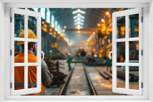 A worker in a hard hat and vest oversees operations in a large, well-lit industrial warehouse with equipment and materials.