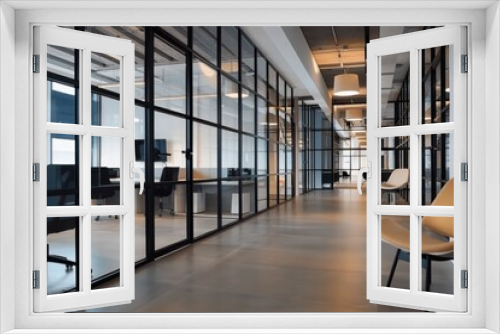 Modern Office Hallway with Glass Partitions and Minimalist Design