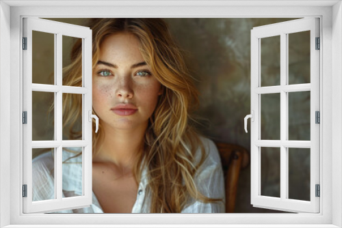 Young Woman With Striking Blue Eyes Poses Intimately in a Softly Lit Room