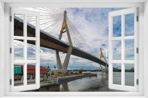 Fototapeta Naklejka Na Ścianę Okno 3D - Klong ladpho flood way and Bhumiphol bridge across Chaopraya river in Thailand.