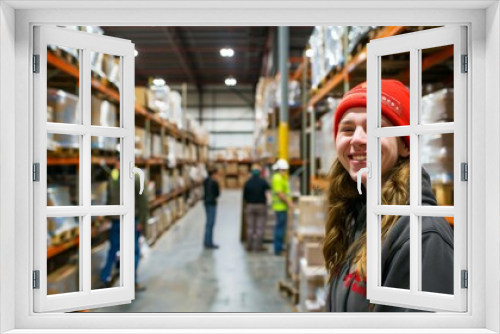 A group of warehouse workers happily collaborating in an organized storage space, with one worker smiling confidently in the foreground while others assist nearby