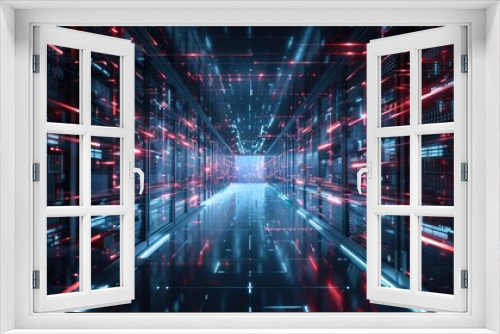 Digital fortress with laser barriers protecting critical data repositories from cyber intrusions.