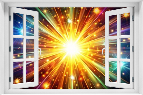 Vibrant radial beams of light emanate from a central point, bursting with dynamic energy, surrounded by glossy shine effects, gleaming glints, and dazzling starburst patterns.