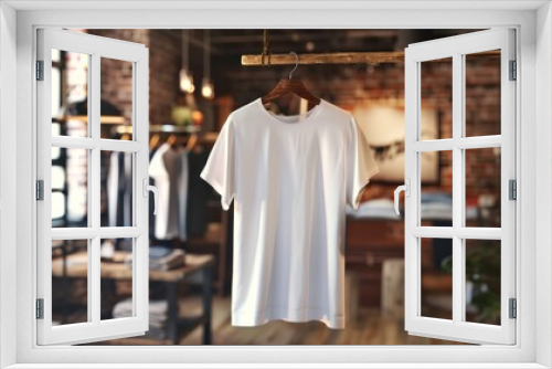 Blank white t-shirt hanging in store. A plain white tee hangs on a rack in a retail store, showcasing a versatile clothing option for various designs and styles.