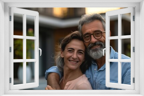 Portrait of a senior married couple holding keys and standing outside their new home on a moving day and hugging Mature people outside their new house Copy space Investing in property : Generative AI