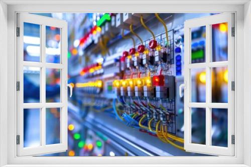 A man is working on a large electrical panel with many switches and lights