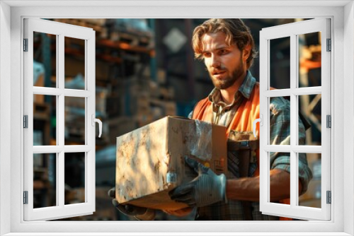 Warehouse Worker Lifting Heavy Box During Afternoon Shift in Industrial Setting. Generative AI