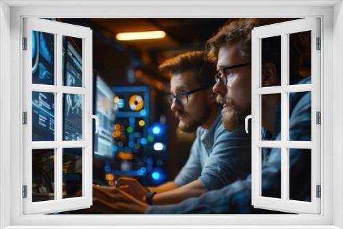 Software engineers analyzing data on a desktop computer, engaged in discussion in a contemporary industrial office