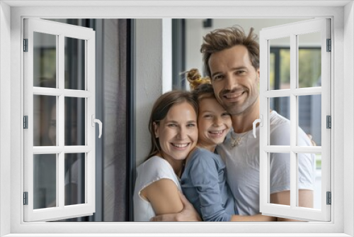 Close-up of happy family smiling at the camera. Stand next to an open window with a modern screen and frame.