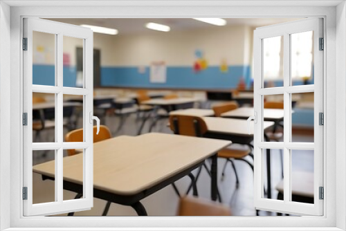 a empty student desk arrangement in a classroom with a blurry background