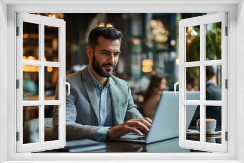 Two business people using a laptop as they work on a project in a cafe, Generative AI