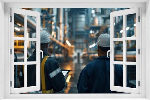 Heavyduty industrial engineers stand in a pipeline manufacturing facility using digital tablet computers for the construction of products to transport oil gas and fuel : Generative AI