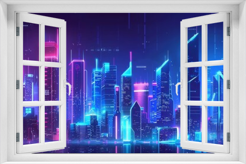 A stylized cityscape with neon blue and pink lights, glowing in the night.