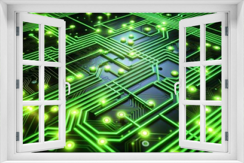 A complex, circuit board-like pattern with glowing lines and dots in neon green