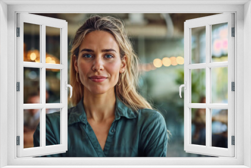 Confident young woman in a casual shirt standing in a modern café, smiling